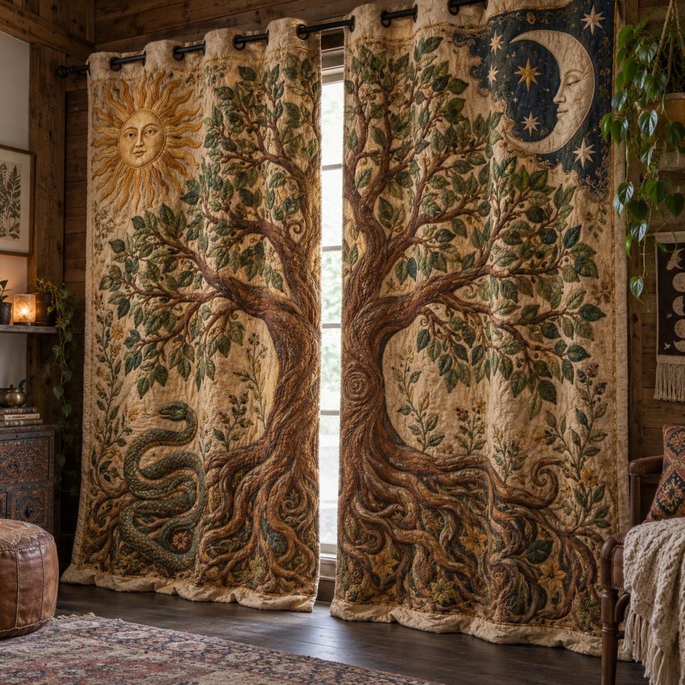 Lunar Serpent Quilted Curtains — Dark Teal Blackout Drapes With Mythic Roots Motif, Insulated Window Panels For Bedrooms & Themed Rooms