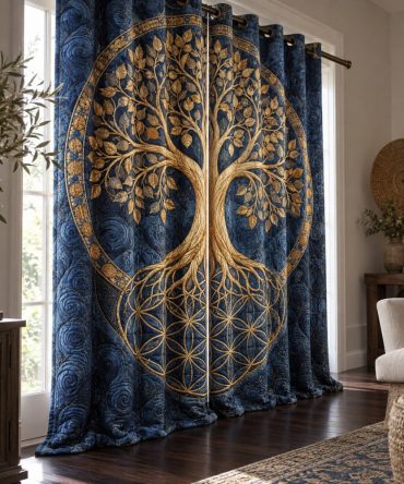 Midnight Golden Geometry Quilted Curtains — Modern Geometric Drapes With Metallic Accents, Thermal Blackout, Sound-Dampening Lining