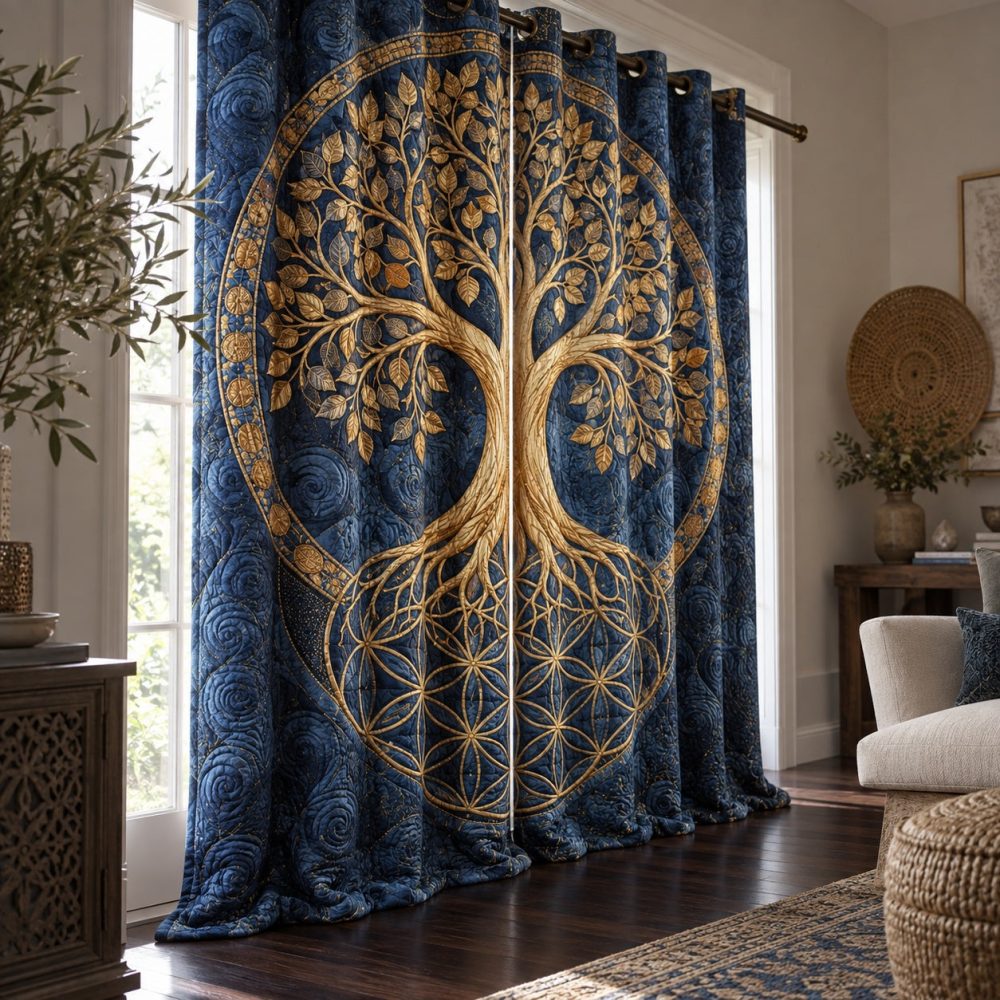 Midnight Golden Geometry Quilted Curtains — Modern Geometric Drapes With Metallic Accents, Thermal Blackout, Sound-Dampening Lining