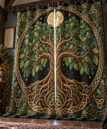 Moonlit Celtic Quilted Curtains — Night-Sky Inspired Drapes, Light-Blocking Thermal Panels, Intricate Celtic Motif, Premium Fabric