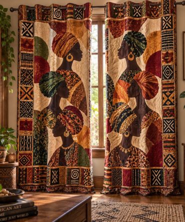 Motherland Mosaic Quilted Curtains — Geometric African-Inspired Drapes, Insulated & Light-Filtering, Thermal Lining, Noise-Reducing Easy Wash