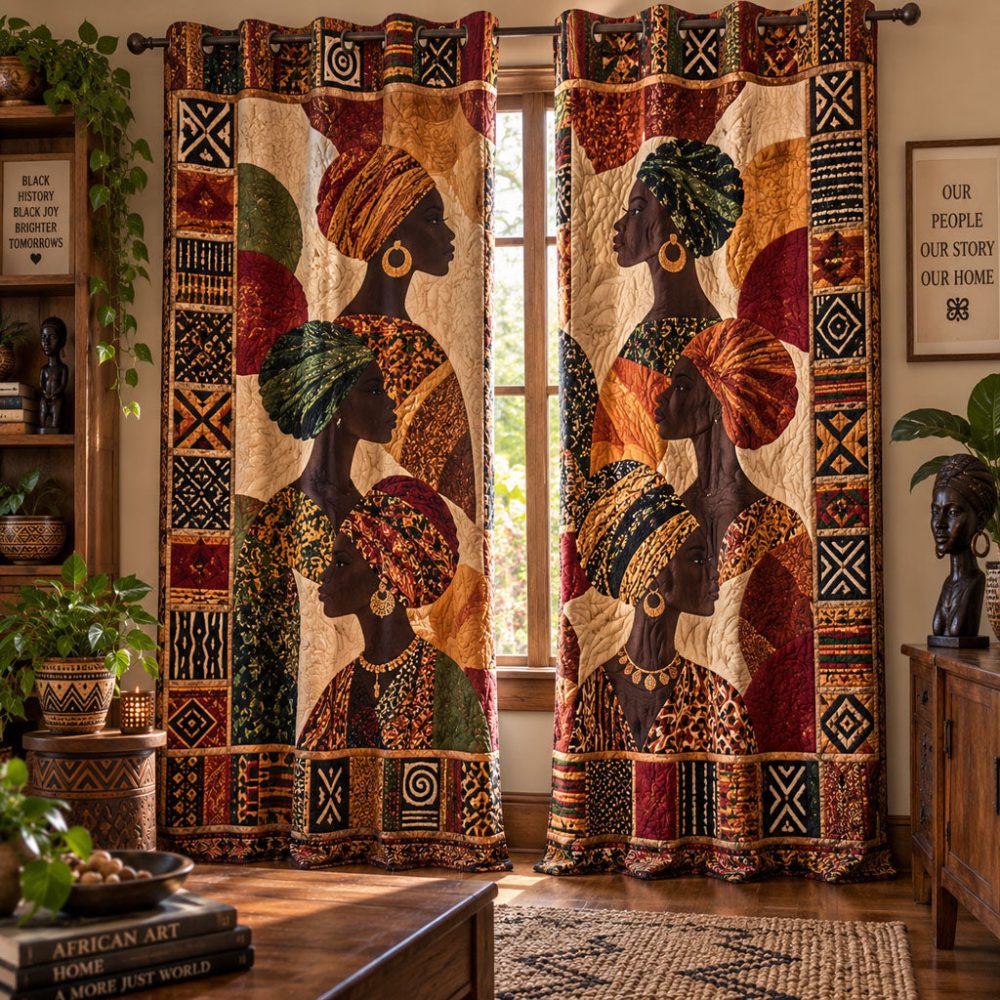 Motherland Mosaic Quilted Curtains — Geometric African-Inspired Drapes, Insulated & Light-Filtering, Thermal Lining, Noise-Reducing Easy Wash