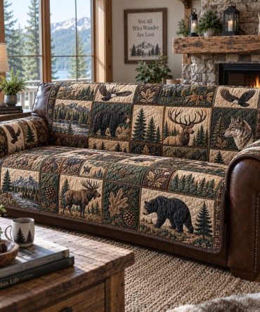 Cozy Mountain Wildlife Quilted Sofa Slipcover - Rustic Cabin Couch Protector, Durable Pet-Friendly Throw For Living Room Comfort