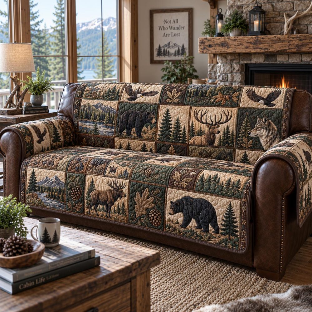 Cozy Mountain Wildlife Quilted Sofa Slipcover - Rustic Cabin Couch Protector, Durable Pet-Friendly Throw For Living Room Comfort