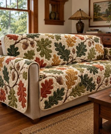 Oak Acorns Quilted Couch Cover — Waterproof, Reversible Stretch Sofa Slipcover For Pets & Kids, Non-Slip Furniture Protector