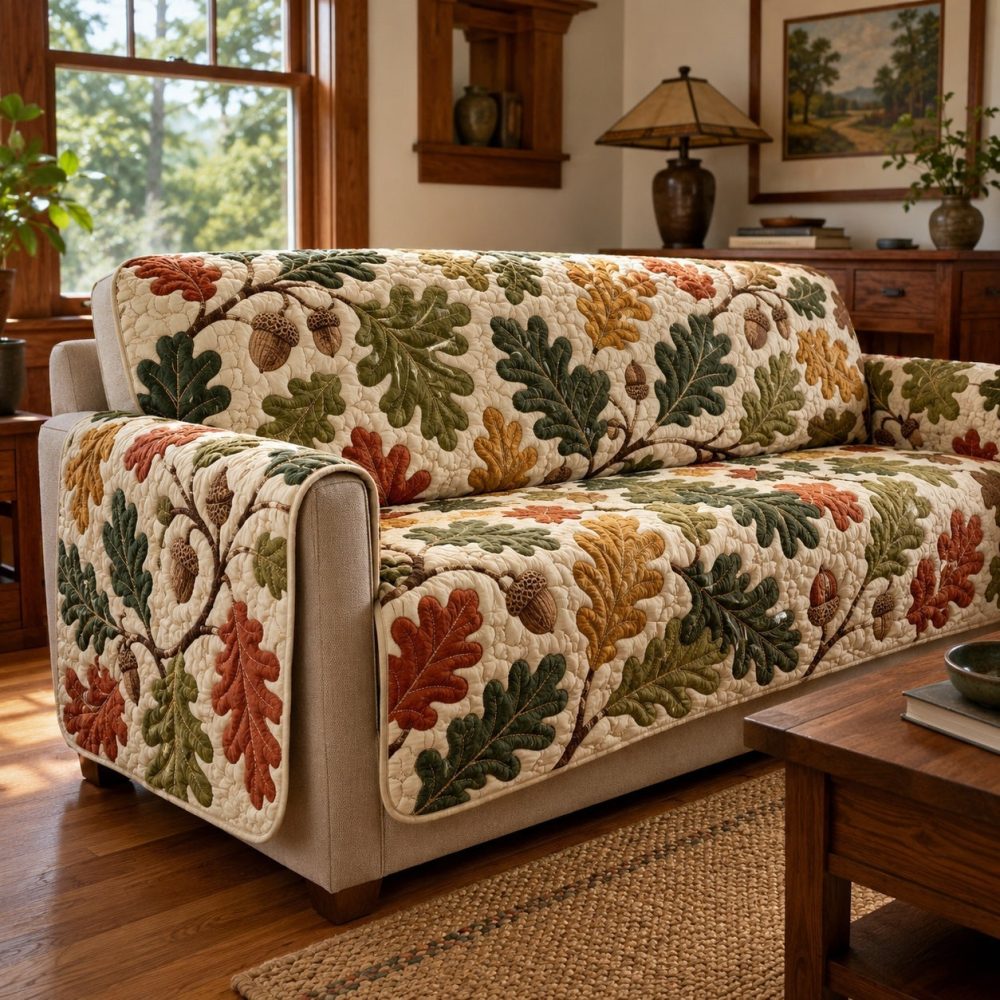 Oak Acorns Quilted Couch Cover — Waterproof, Reversible Stretch Sofa Slipcover For Pets & Kids, Non-Slip Furniture Protector