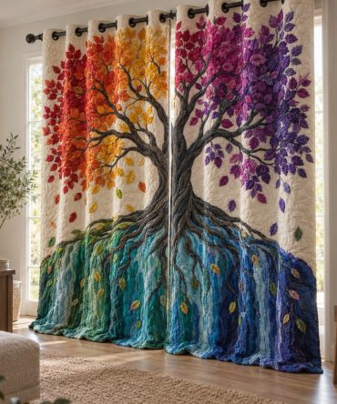 Prismatic Waterfall Woods Quilted Curtains — Multicolor Woodland Drapes, Light-Scattering Thermal Lining, Decorative Quilted Texture