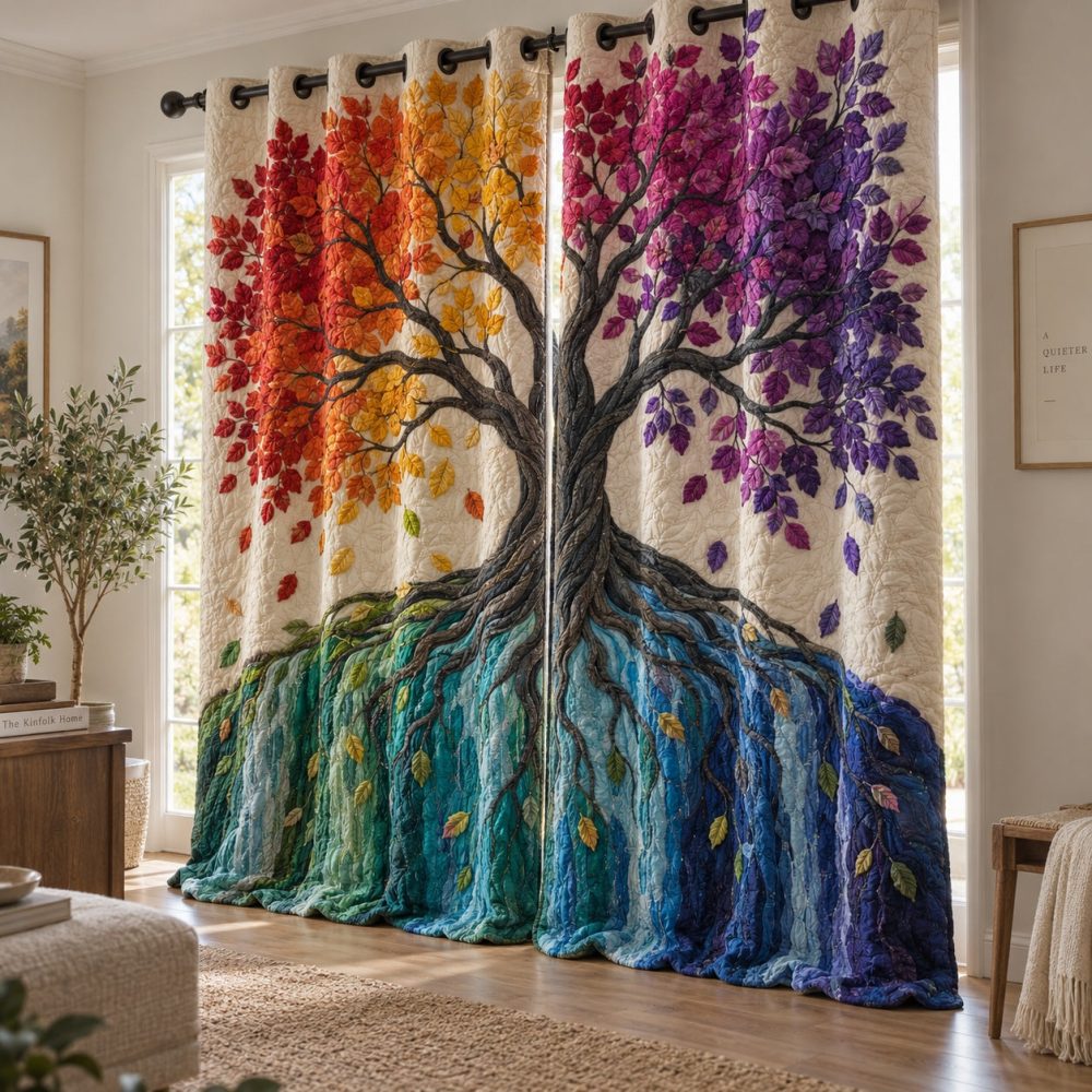 Prismatic Waterfall Woods Quilted Curtains — Multicolor Woodland Drapes, Light-Scattering Thermal Lining, Decorative Quilted Texture