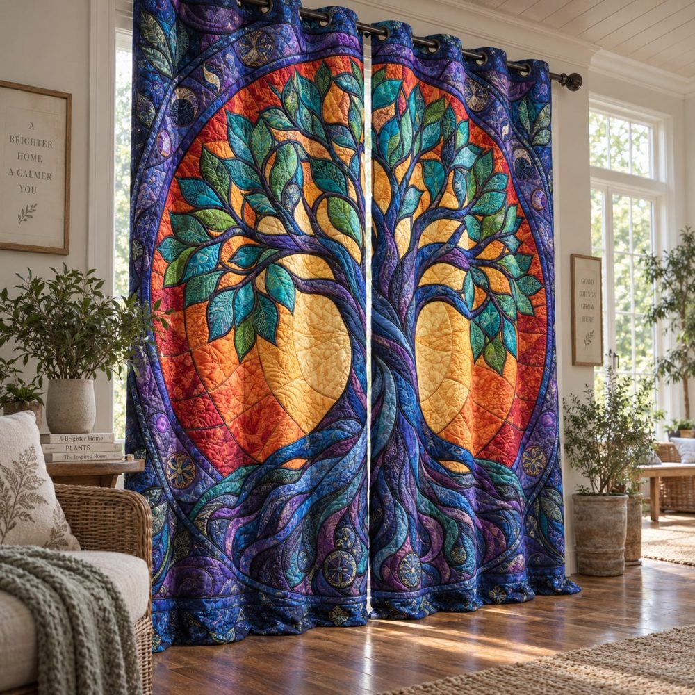 Radiant Mosaic Branches Quilted Curtains — Artistic Mosaic Print Drapes, Insulated Thermal Panels, Fade-Resistant Fabric, Easy Care