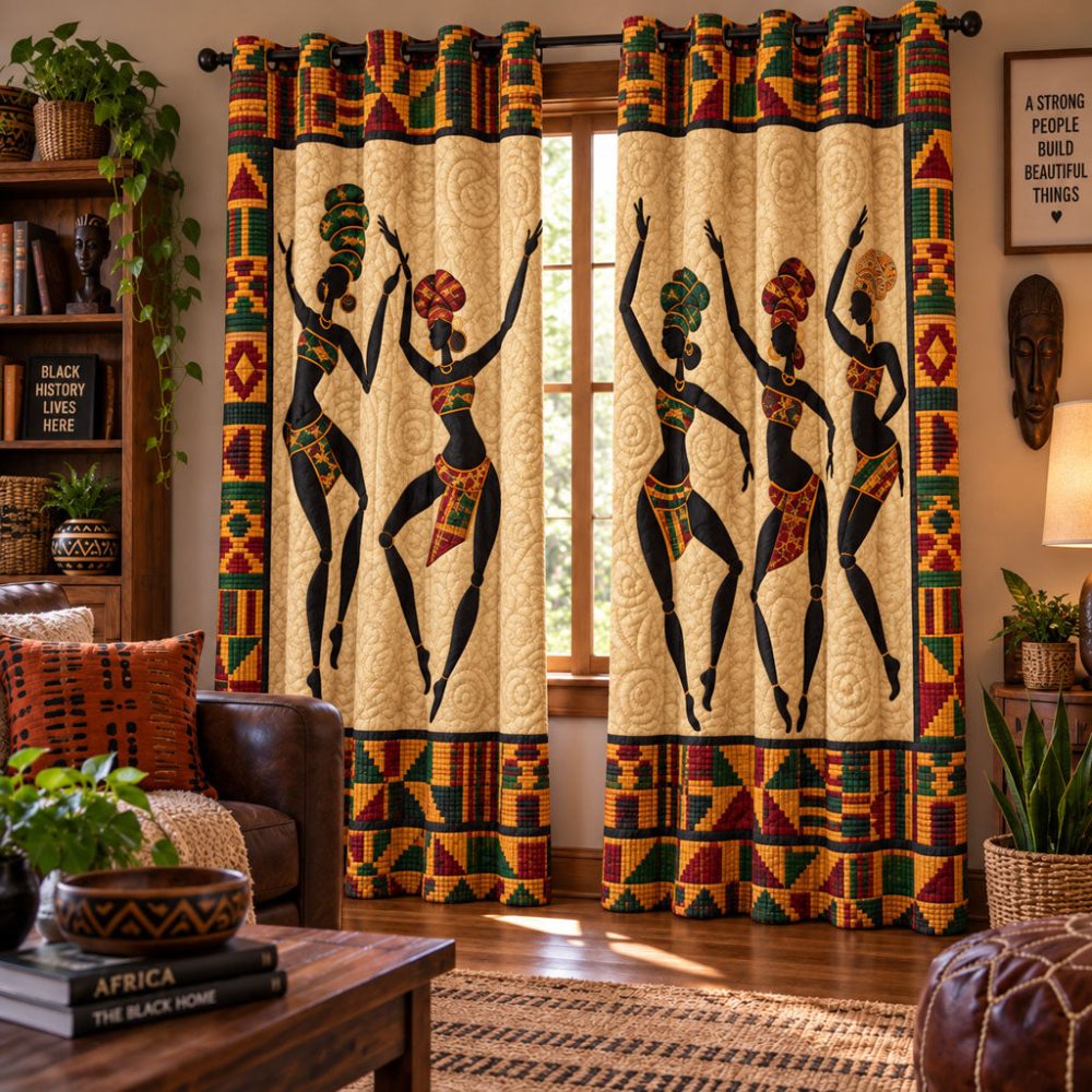 Rhythm Of The Ancestors Quilted Curtains — Cultural Motif Drapes With Insulated Thermal Panels And Sound-Dampening Quilting, Easy-Care