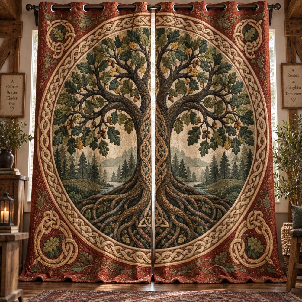 Rustic Oak Vista Quilted Curtains — Woodland-Inspired Thermal Drapes, Heavy-Duty Quilting For Insulation & Privacy, Easy-Maintain Fabric