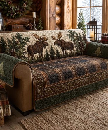 Farmhouse Pine Quilted Sofa Protector - Heavy-Duty Rustic Lodge Couch Slipcover, Pet-Friendly, Machine Washable, Non-Slip