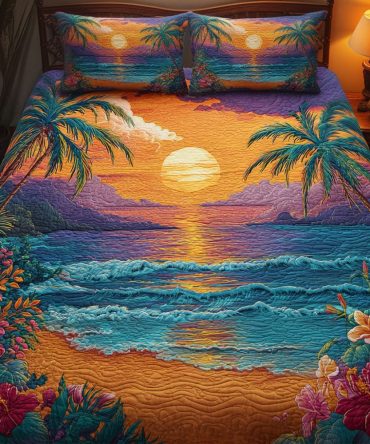 Luxury Quilted 3-Piece Bedding Set – Sunset Island Coverlet & Shams, Ultra-Soft Hypoallergenic Microfiber For Cozy Bedroom Makeover