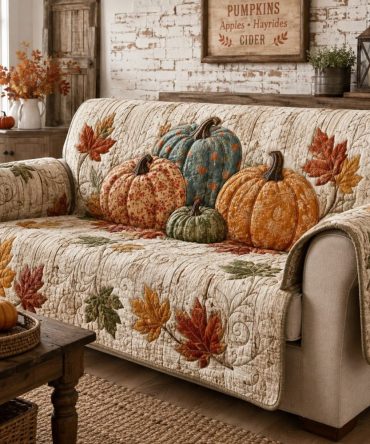 Autumn Quilted Pumpkin Sofa Cover — Tapestry Fall Couch Throw & Slipcover Protector With Vintage Floral Patchwork, Machine-Washable