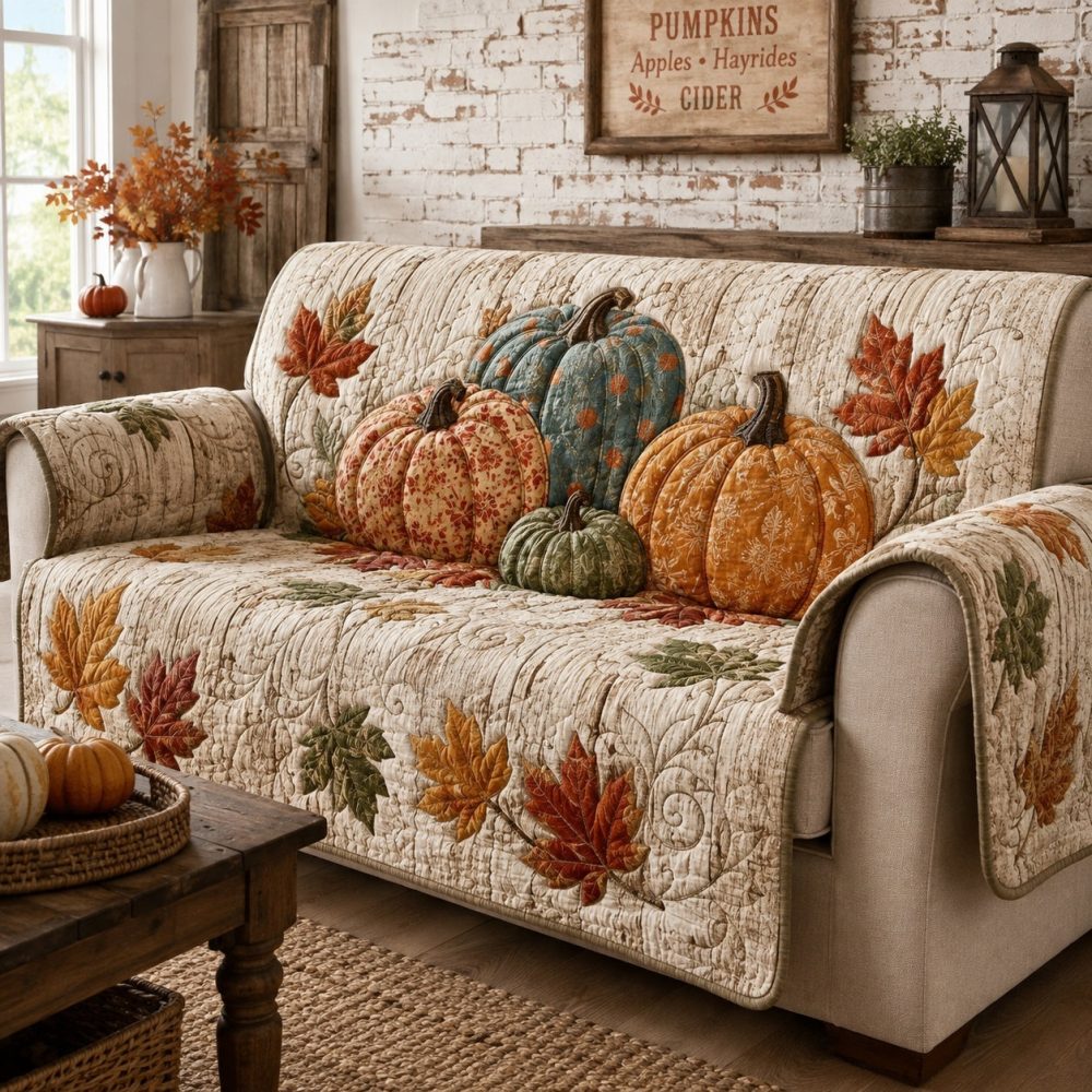 Autumn Quilted Pumpkin Sofa Cover — Tapestry Fall Couch Throw & Slipcover Protector With Vintage Floral Patchwork, Machine-Washable