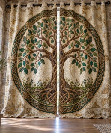 Verdant Circle Quilted Window Curtains — Thermal Insulated Blackout Drapes With Botanical Motif, Sound-Reducing Panels For Bedroom & Office