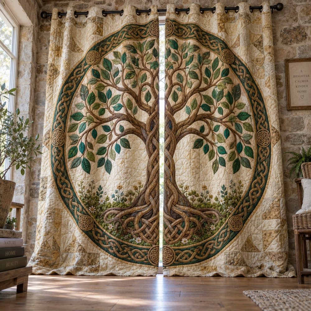 Verdant Circle Quilted Window Curtains — Thermal Insulated Blackout Drapes With Botanical Motif, Sound-Reducing Panels For Bedroom & Office