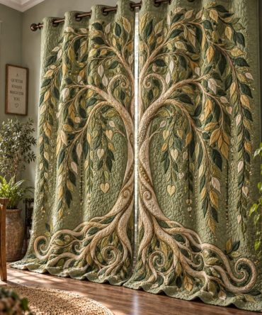 Elegant Weeping Willow Quilted Curtains — Thermal Insulated Drapes, Light-Filtering, Blackout-Style, Premium Stitching, Machine Wash