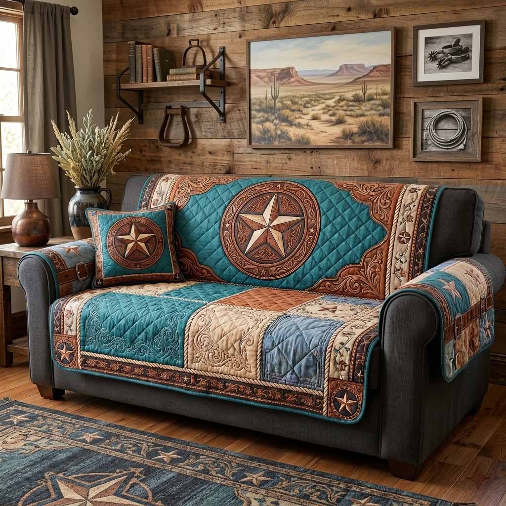 Quilted Western Badge Sofa Cover — Heavy-Duty Couch Protector & Slipcover, Machine-Washable, Pet/Child-Friendly Furniture Guard
