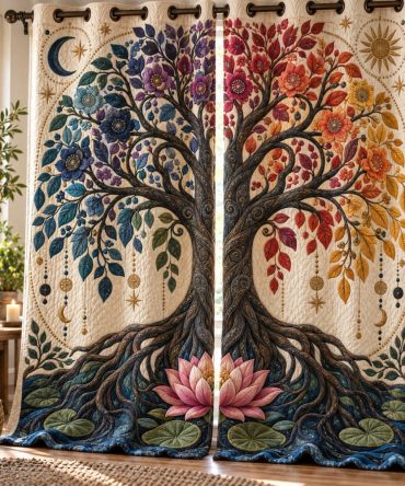Zenith Lotus Roots Quilted Curtains — Tranquil Lotus Pattern Drapes, Thermal Insulation, Privacy Lining, Elegant Bedroom Window Panels