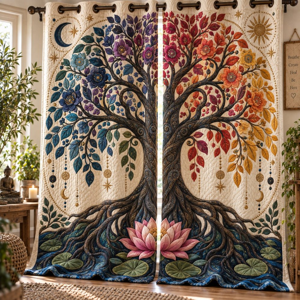 Zenith Lotus Roots Quilted Curtains — Tranquil Lotus Pattern Drapes, Thermal Insulation, Privacy Lining, Elegant Bedroom Window Panels