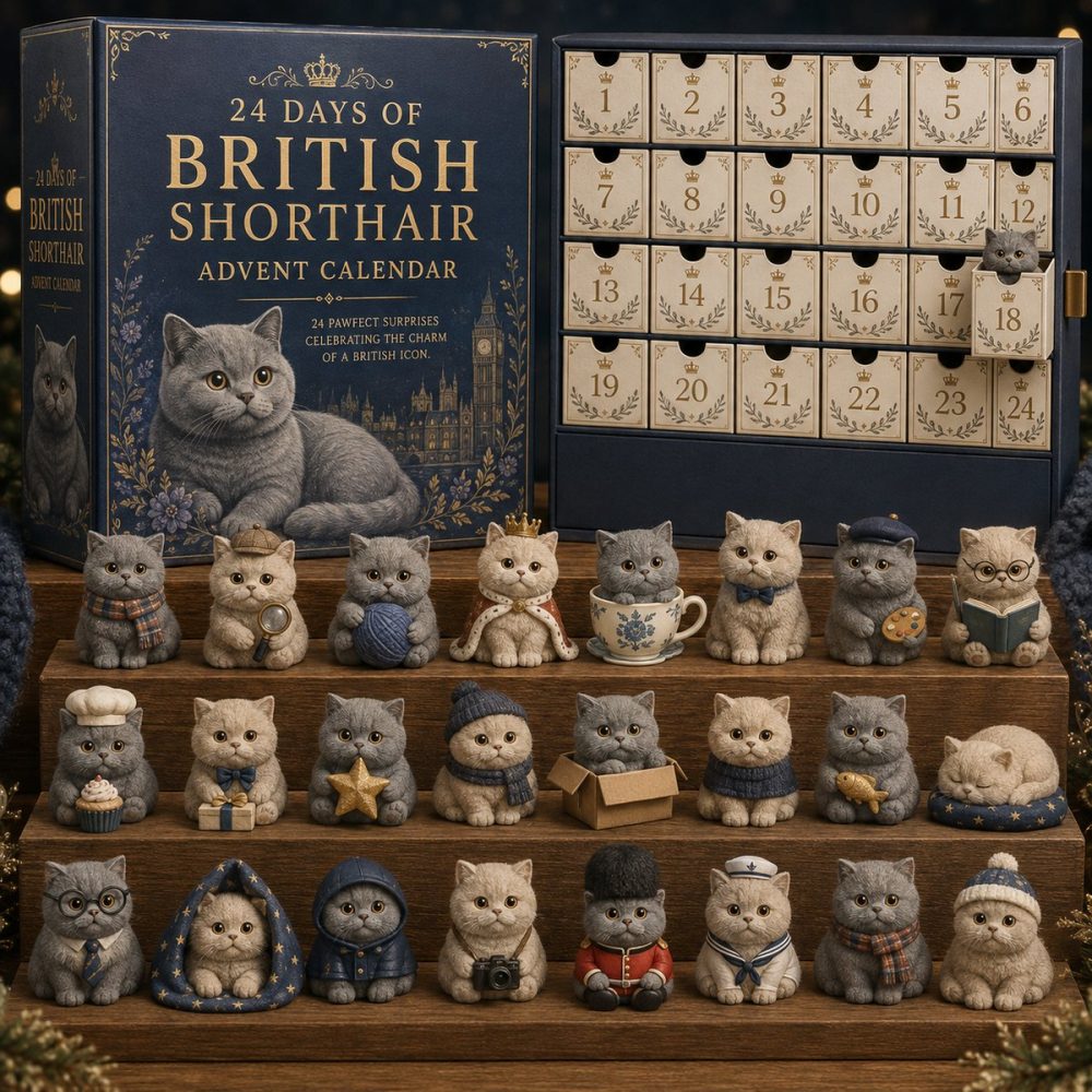 British Shorthair Cat Countdown 2026 — 24 Adorable Acrylic Charms, Luxury Cat-Lover Holiday Gift Set With Daily Collectibles