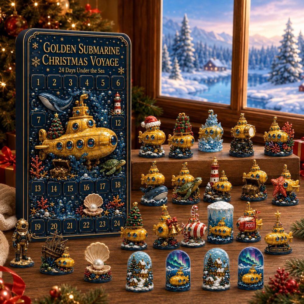 Golden Submarine Collector'S Advent Calendar 2026 - 24-Day Steampunk Holiday Countdown With Gold Acrylic Charms, Unique Christmas Gift
