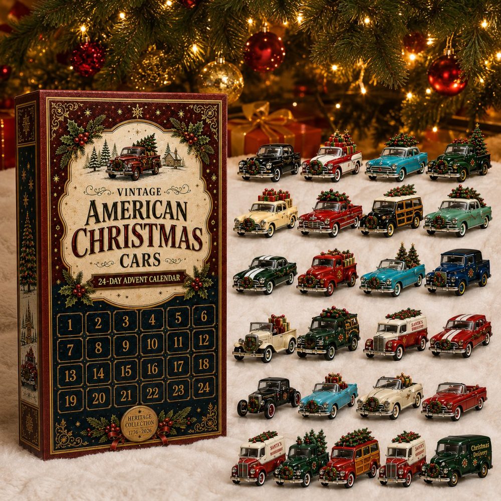 Vintage American Christmas Cars 24-Day Acrylic Charm Advent Calendar 2026 - Retro Holiday Countdown & Collector Car Ornaments Gift