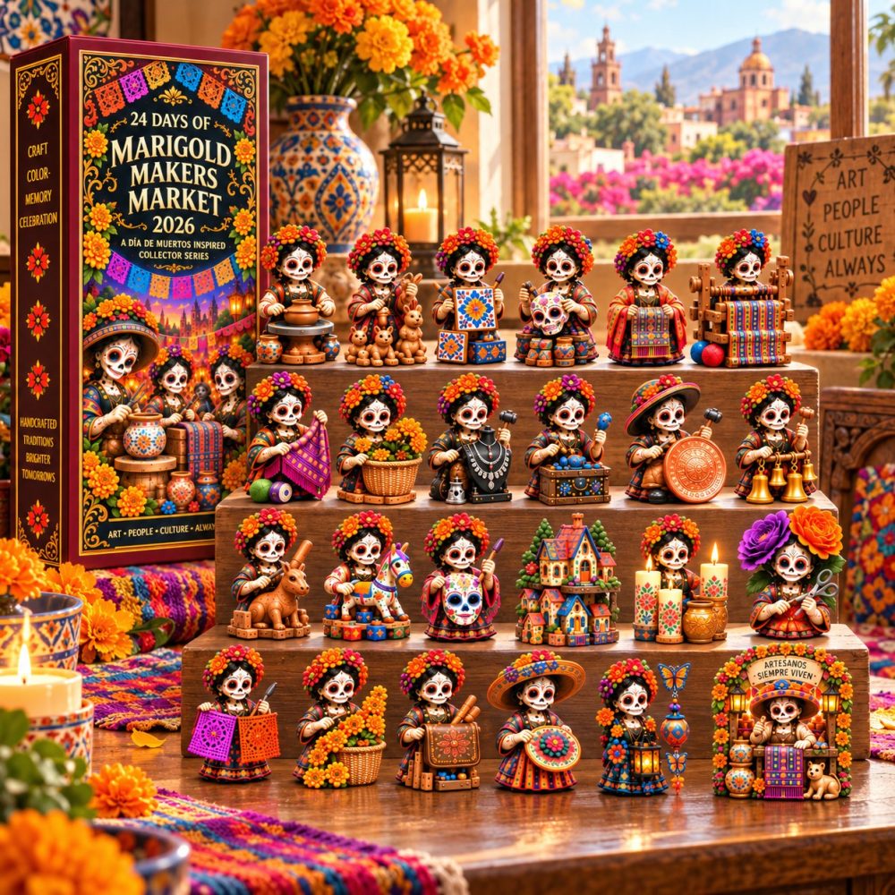 Marigold Makers Market Advent — 24-Day Día De Muertos 2026 Acrylic Charm Countdown Featuring Handcrafted Market Goods & Artisan Keepsakes