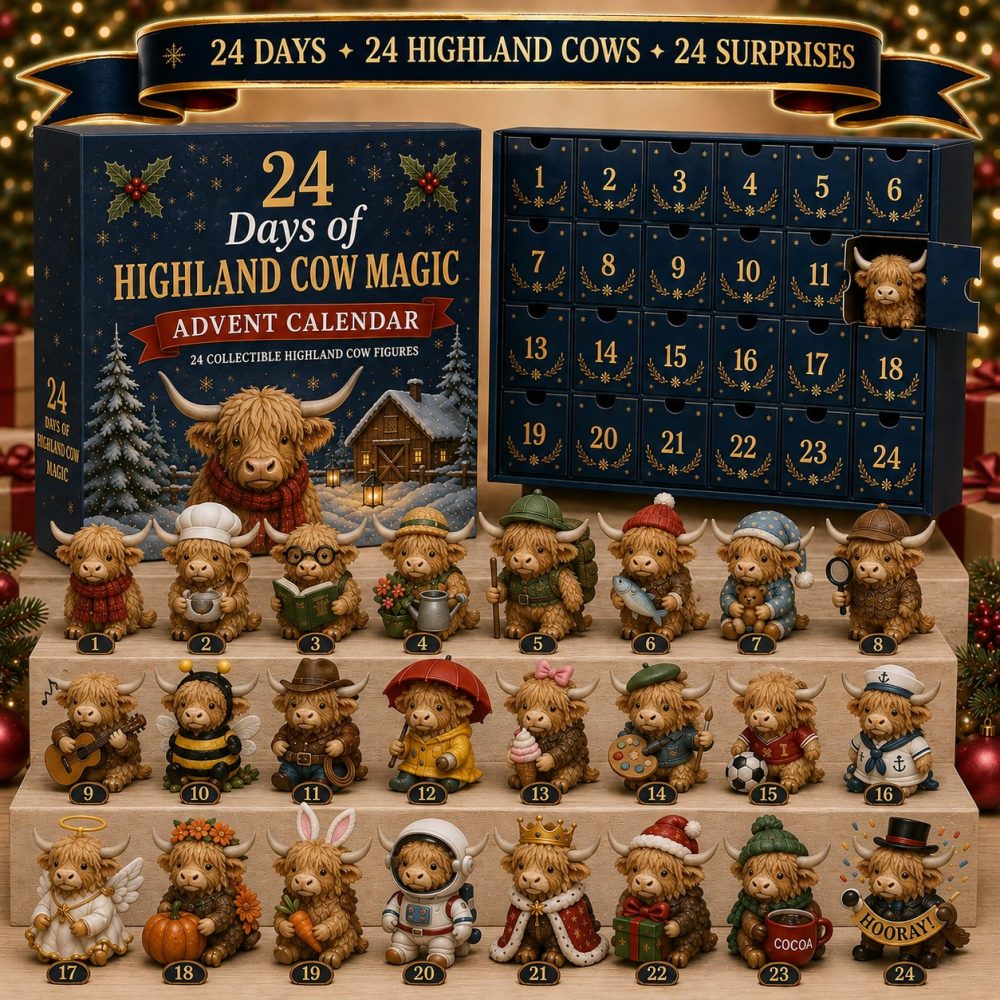 Highland Cow 24-Day Magic Countdown Calendar With 24 Acrylic Charms — 2026 Cozy Farmhouse Gift For Cow Lovers & Seasonal Decor