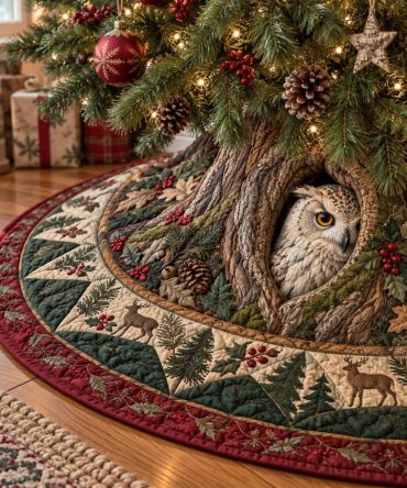 Little Woodland Secret Tree Skirt — Handcrafted Christmas Decor With Baby Deer & Mushroom Details, Soft Velvet, Custom Sizes