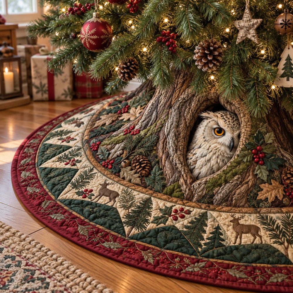 Little Woodland Secret Tree Skirt — Handcrafted Christmas Decor With Baby Deer & Mushroom Details, Soft Velvet, Custom Sizes