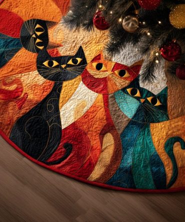Abstract Cat Glow Holiday Tree Skirt — Modern Quilted Tree Base With Luminous Cat Motif, Custom Made For Cat Fans