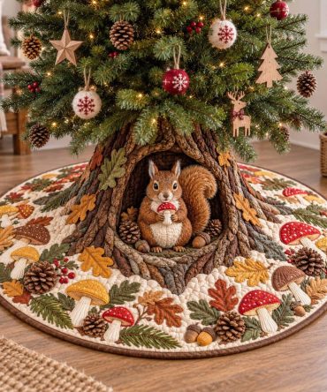 Acorn Squirrel Festive Tree Skirt — Adorable Woodland Squirrel & Acorn Design, Plush Velvet, Personalized Monogram Available, Holiday Charm