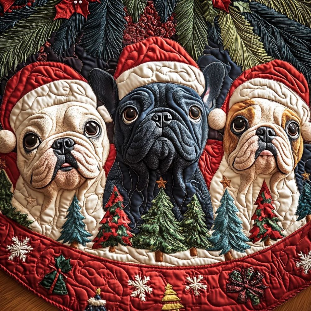 Frenchie Holiday Tree Skirt — Custom Quilted French Bulldog Design, Made-To-Order Cozy Festive Tree Base