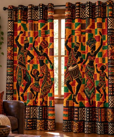 African Village Melody Quilted Curtains - Tribal Pattern Thermal Drapes, Blackout Insulated Panels, Sound-Reducing, 2-Piece