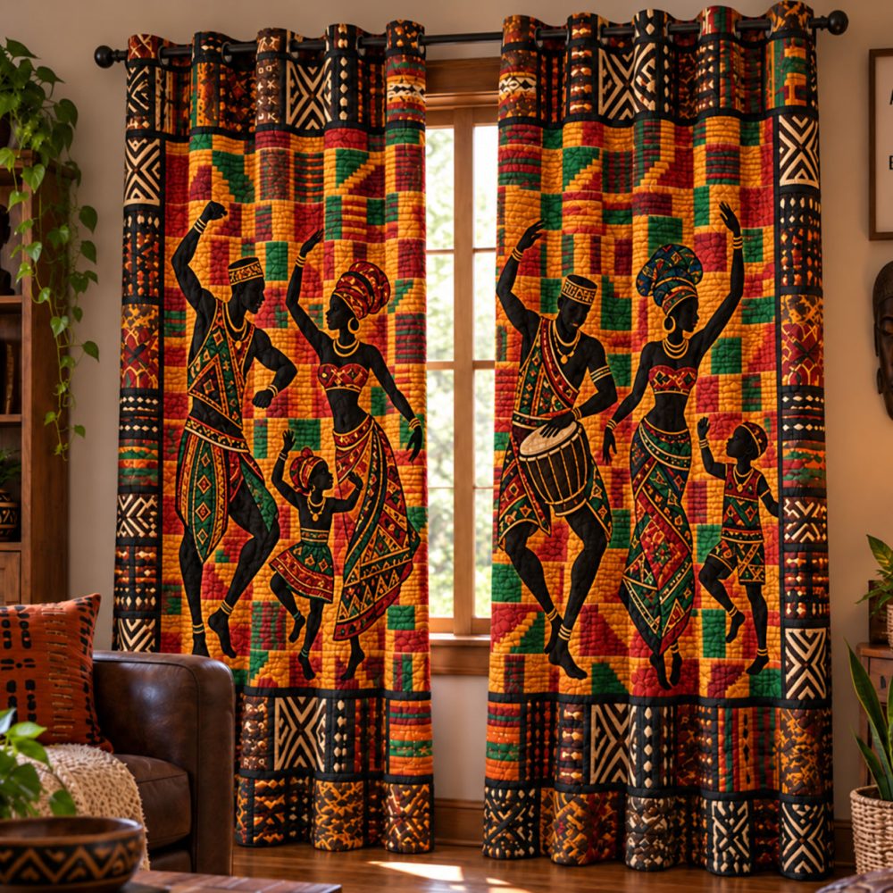 African Village Melody Quilted Curtains - Tribal Pattern Thermal Drapes, Blackout Insulated Panels, Sound-Reducing, 2-Piece