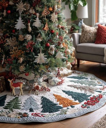 Alpine Peace Handcrafted Christmas Tree Skirt - Serene Mountain Holiday Base, Soft Plush, Custom Sizes & Gift Ready