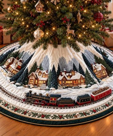Handcrafted Alpine Village Tree Skirt - Custom Christmas Tree Skirt With Cozy Mountain Village Holiday Scene