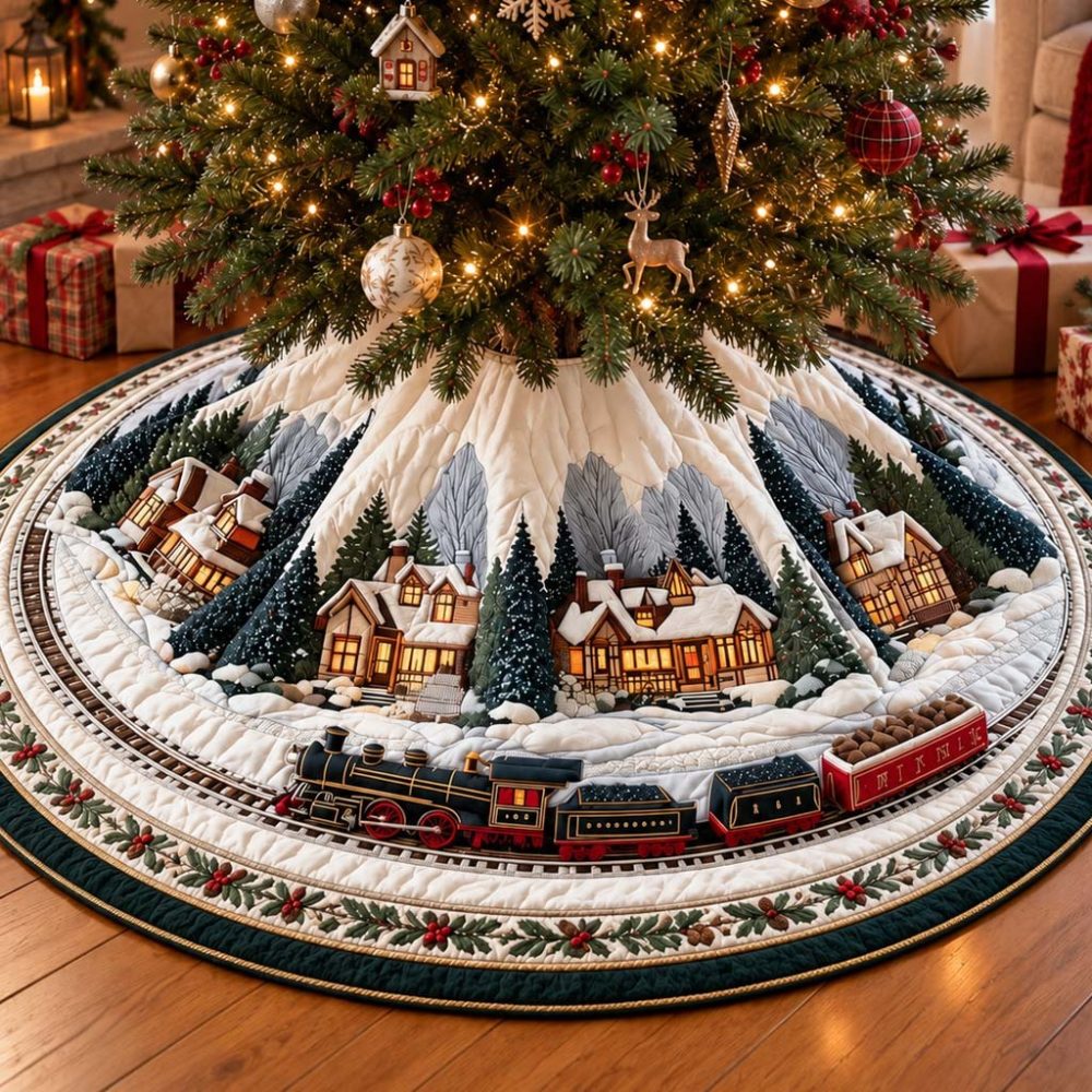 Handcrafted Alpine Village Tree Skirt - Custom Christmas Tree Skirt With Cozy Mountain Village Holiday Scene