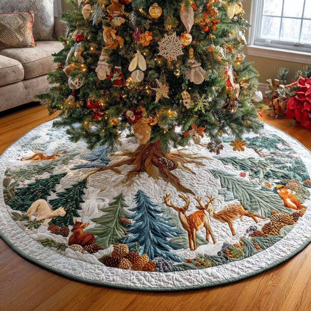 Alpine Whispers Handcrafted Christmas Tree Skirt - Cozy Mountain Holiday Tree Base, Rustic Alpine Decor, Custom Fit
