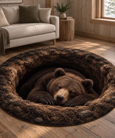 Alpine Bear Round Carpet — Cozy Mountain-Themed Plush Rug, Circular Floor Mat For Cabin, Living Room & Nursery, Non-Slip Backing