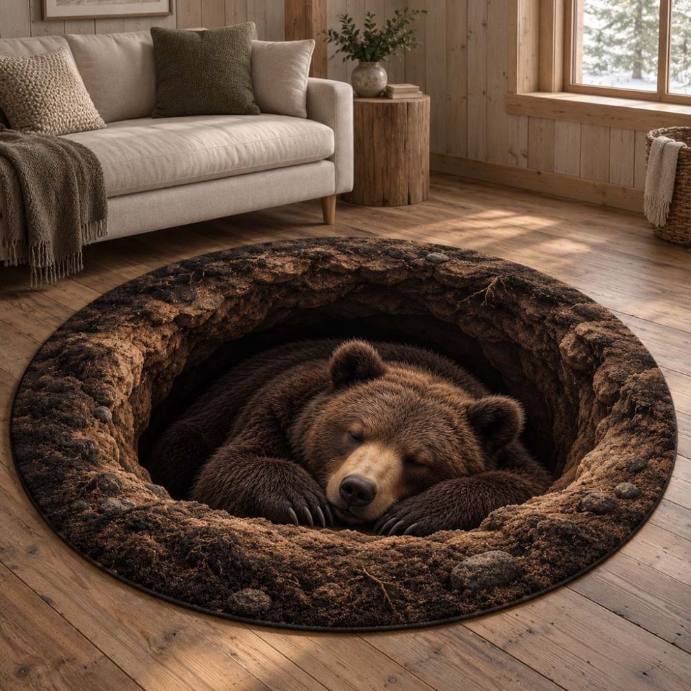 Alpine Bear Round Carpet — Cozy Mountain-Themed Plush Rug, Circular Floor Mat For Cabin, Living Room & Nursery, Non-Slip Backing