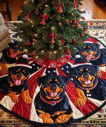 American Rottweiler Spirit Handcrafted Christmas Tree Skirt - Patriotic Dog Lover Holiday Base, Custom Sizes & Giftable