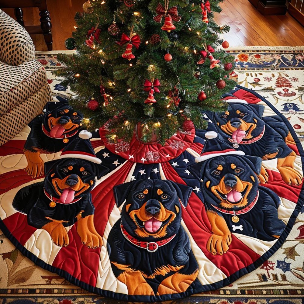 American Rottweiler Spirit Handcrafted Christmas Tree Skirt - Patriotic Dog Lover Holiday Base, Custom Sizes & Giftable