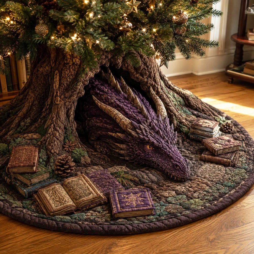Amethyst Book Dragon Handcrafted Tree Skirt - Fantasy Purple Dragon Holiday Tree Base, Soft Plush, Custom Sizes