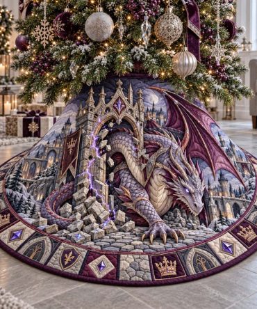 Amethyst Dragon Ruins Custom Holiday Tree Skirt — Mystical Purple Dragon Christmas Skirt, Handmade Luxury Decor, Made To Order