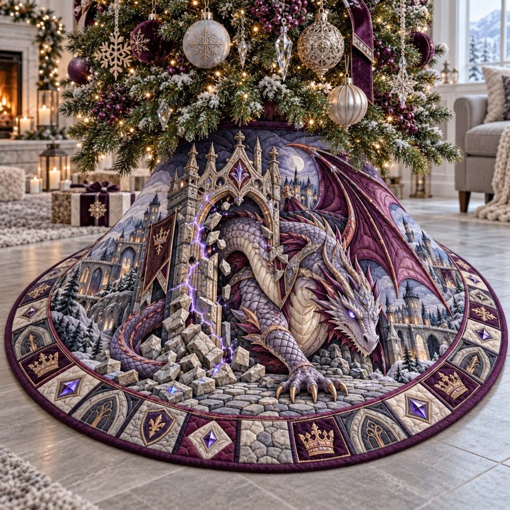 Amethyst Dragon Ruins Custom Holiday Tree Skirt — Mystical Purple Dragon Christmas Skirt, Handmade Luxury Decor, Made To Order