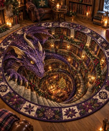 Amethyst Dragon Round Quilted Mat — Mystical Book Sanctuary Accent Rug, Plush Non-Slip Floor Pad For Bedroom, Reading Nook