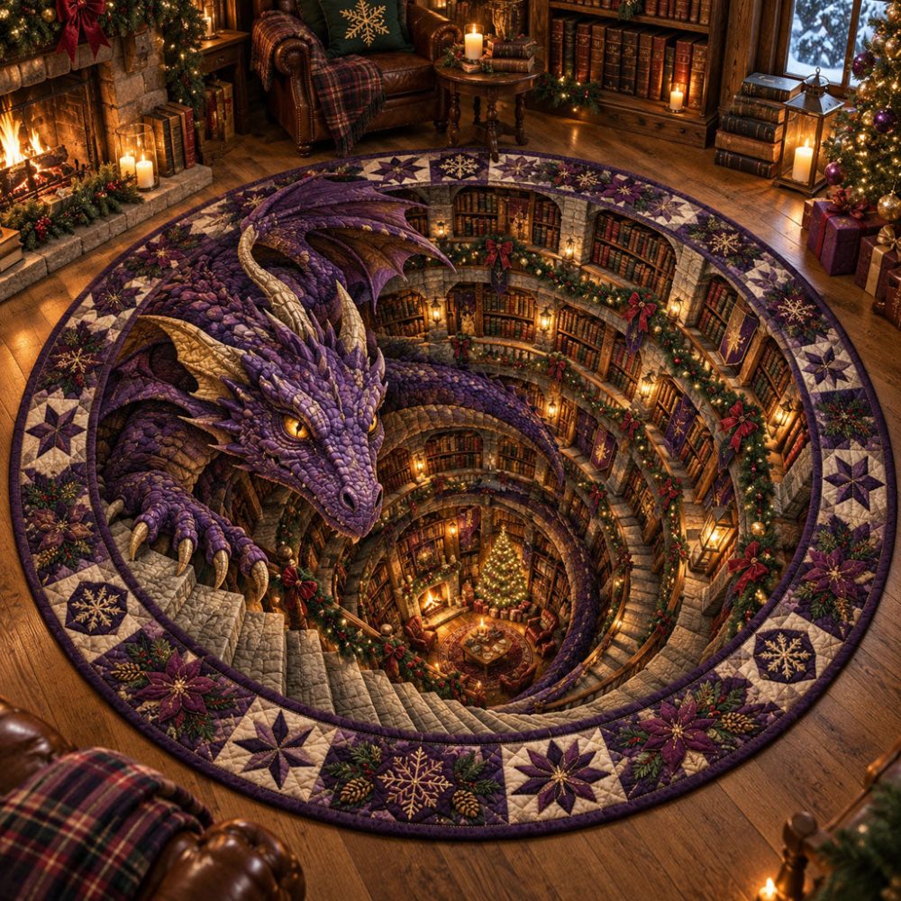 Amethyst Dragon Round Quilted Mat — Mystical Book Sanctuary Accent Rug, Plush Non-Slip Floor Pad For Bedroom, Reading Nook